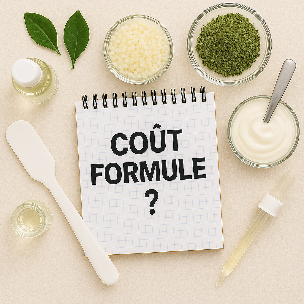 Ingrédients cosmétiques autour d’un carnet avec écrit “Coût Formule ?” – image illustrant la réflexion sur le prix d’une formule