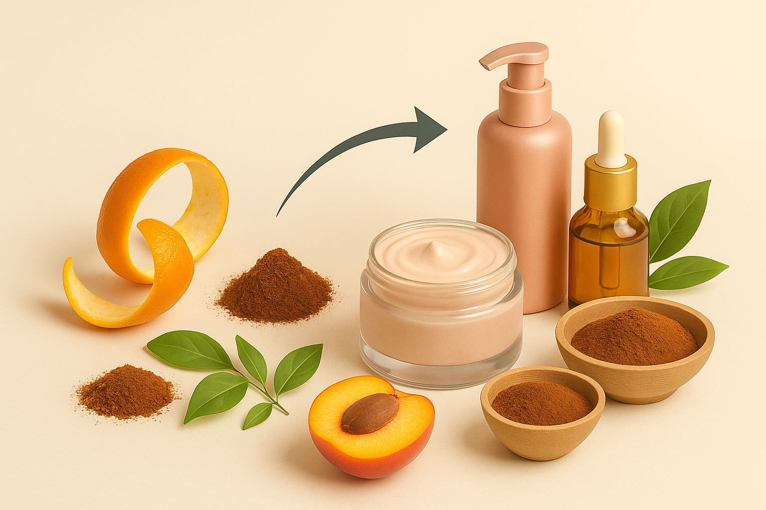 Transformation d’ingrédients naturels en soins cosmétiques via upcycling – poudre végétale, écorce d’orange, pêche et flacons écoresponsables