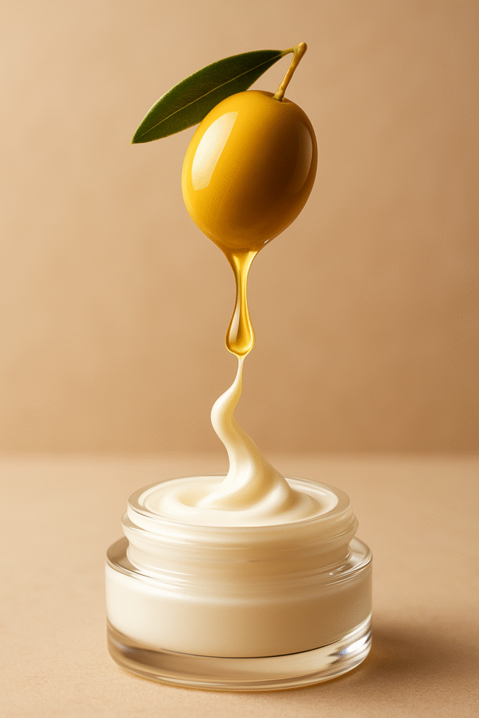 Goutte d’huile d’olive tombant dans une crème fluide – illustration d’un actif upcyclé dans un soin cosmétique haut de gamme