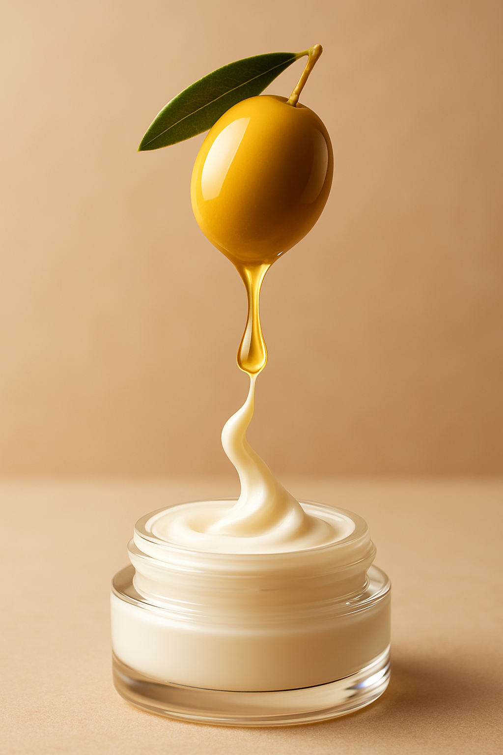 Goutte d’huile d’olive tombant dans une crème fluide – illustration d’un actif upcyclé dans un soin cosmétique haut de gamme