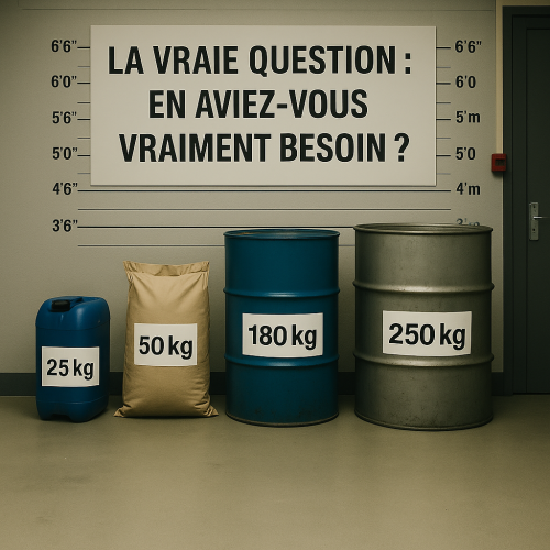 ChatGPT Image 25 juin 2025, 20_57_32 ontenants cosmétiques de 25 à 250 kg devant un mur de type mugshot, illustrant la question : “La vraie question : en aviez-vous vraiment besoin ?” - coût formule