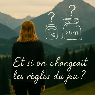 article cout formule Femme de dos face à deux choix d’emballages cosmétiques — 1 kg ou 25 kg — avec le texte “Et si on changeait les règles du jeu ?” sur fond de montagne - coût formule